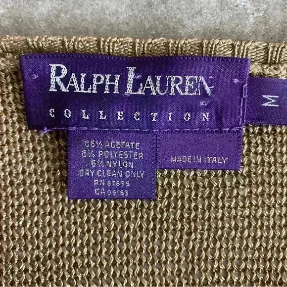 Ralph Lauren Purple Label HTF Gold Shimmering Crocheted Designer Sweater Size M - Picture 6 of 6